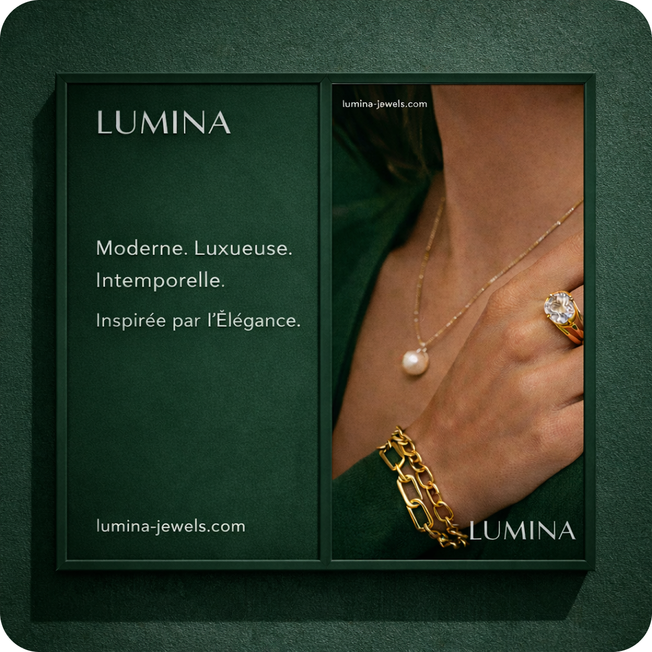 Exemple de branding LUMINA — moodboard avec packaging vert et bijoux dorés