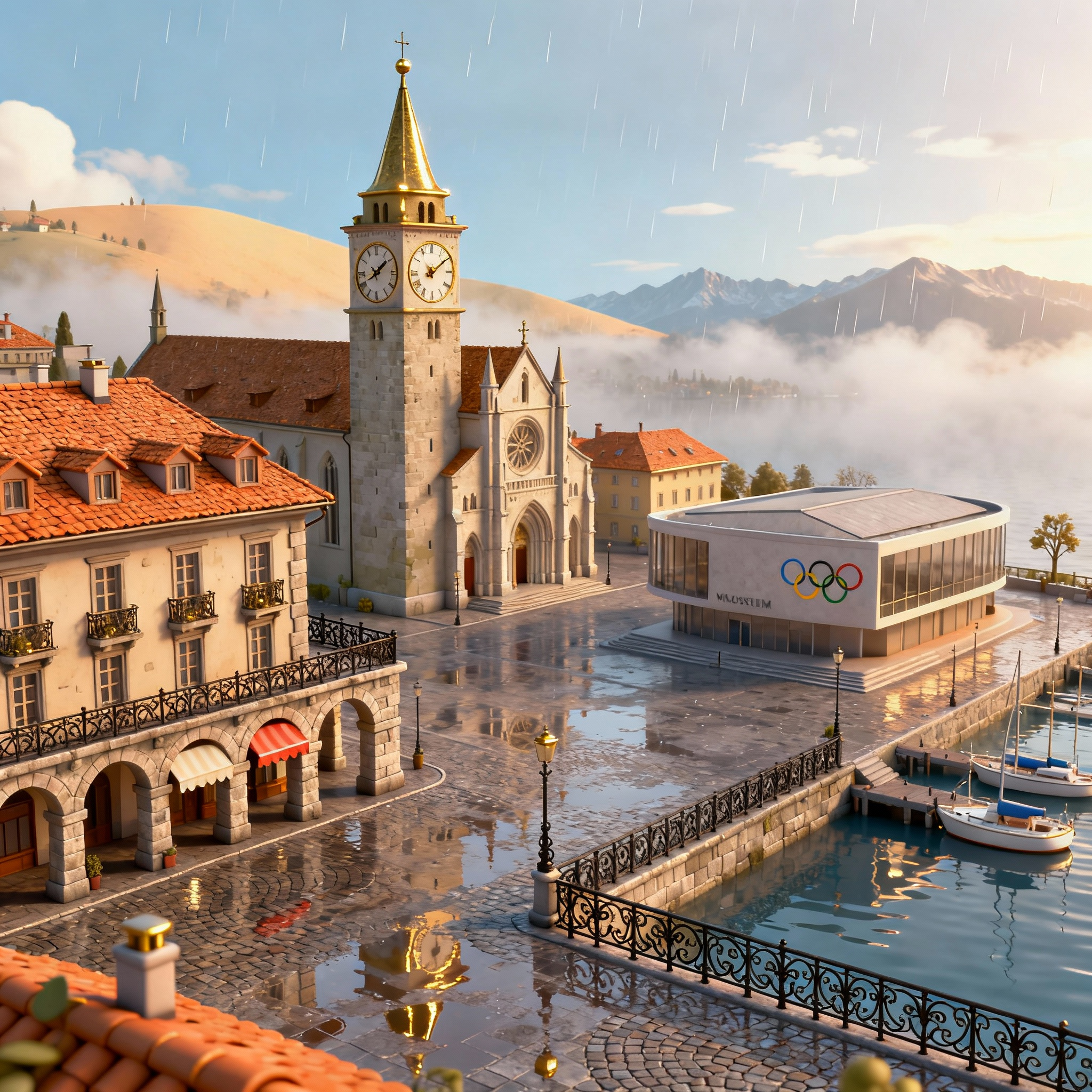 Vue de la cathédrale de Lausanne et du port d’Ouchy avec le Musée Olympique